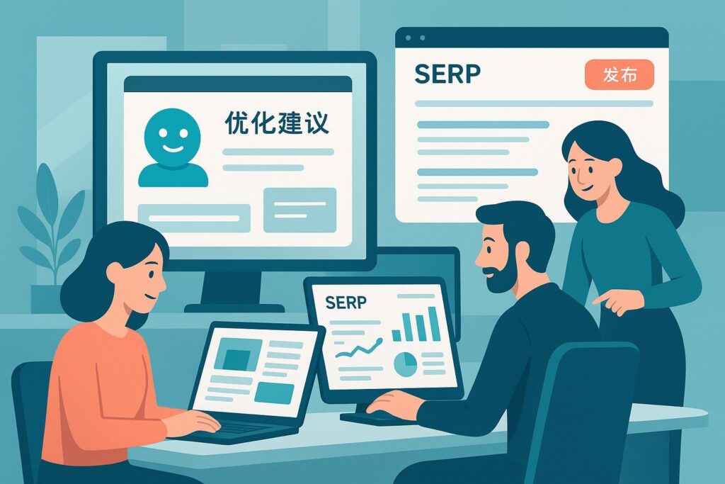 AI提升内容质量最佳实践封面：团队在AI编辑器中查看SEO与SERP分析