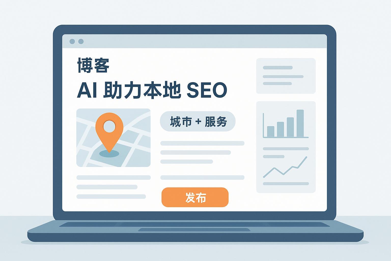 封面图：AI 驱动的本地 SEO 博客写作（城市图钉、关键词与编辑器界面）