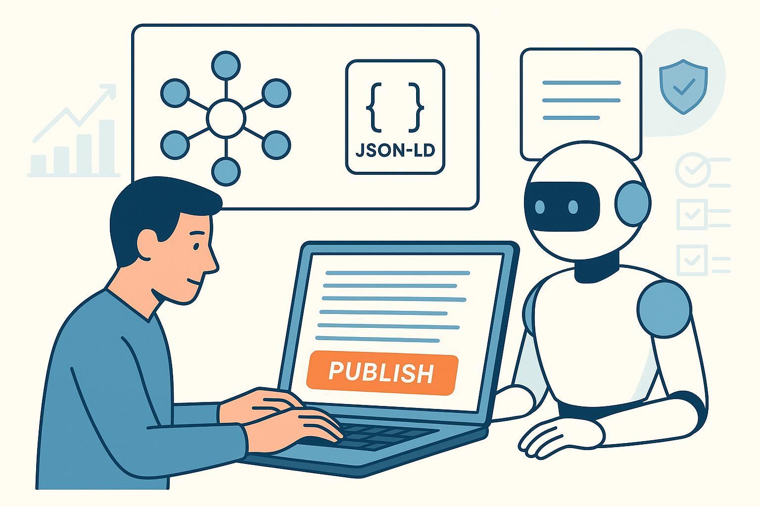 AI与人工协作撰写博客的现代化工作流插画，包含主题集群、结构化数据与WordPress发布按钮。