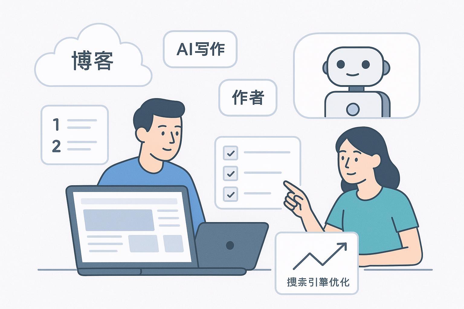 作者与创作者协同 AI 进行博客写作的封面插图，含提示词与SEO元素