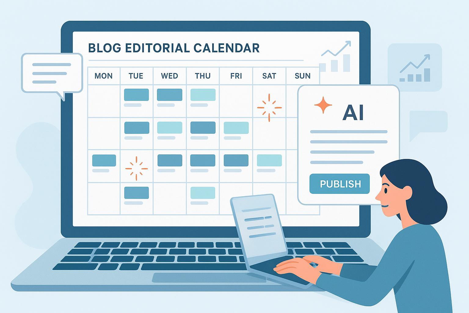 AI 辅助构建博客内容日历的可视化封面图：日历、关键词建议、协作与发布按钮