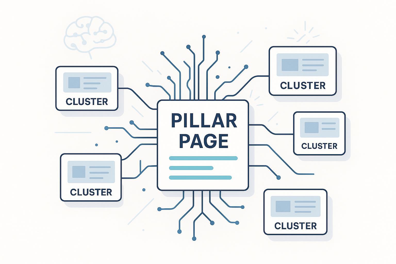 AI 支柱内容 创建：支柱页与集群内容的可视化连接示意图