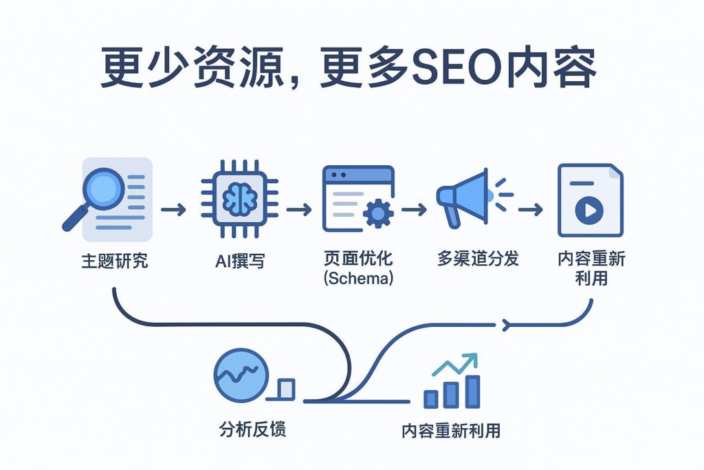 更少资源，更多SEO内容：低成本SEO内容自动化流水线示意图