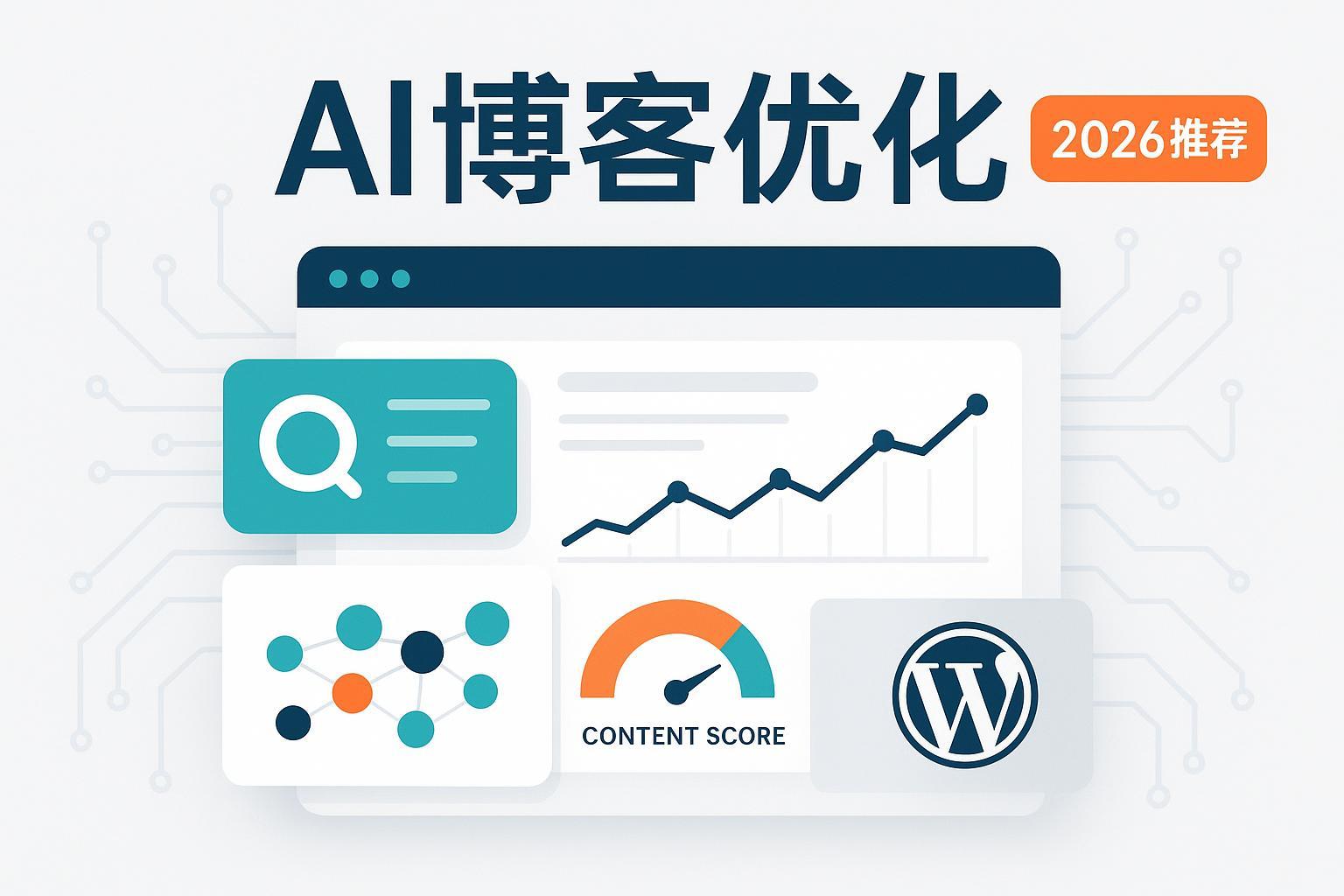 2026年AI博客优化工具推荐封面：博客仪表盘、SEO图表、AI元素与中文徽章