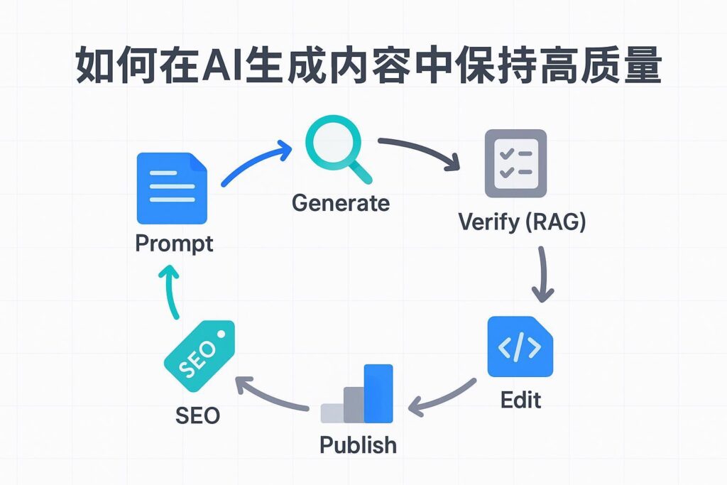 AI内容质量闭环工作流：生成、核验、编辑、SEO、发布、监测的可视化封面图