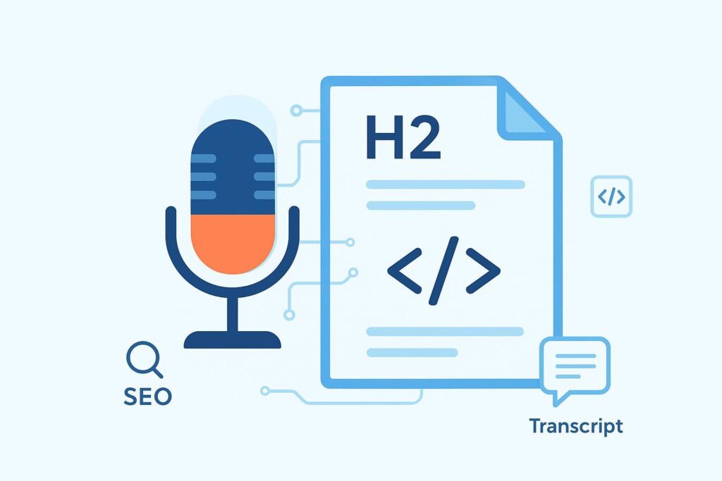 封面图：播客麦克风变形为带小标题的博客文档，AI线路连接，包含SEO与转录、Schema图标。