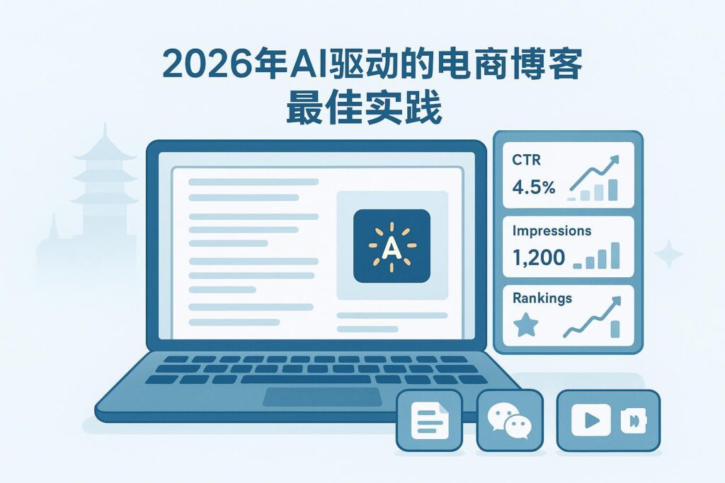封面图：AI驱动的电商博客写作最佳实践（含区块编辑器、SEO面板与多平台分发图标）