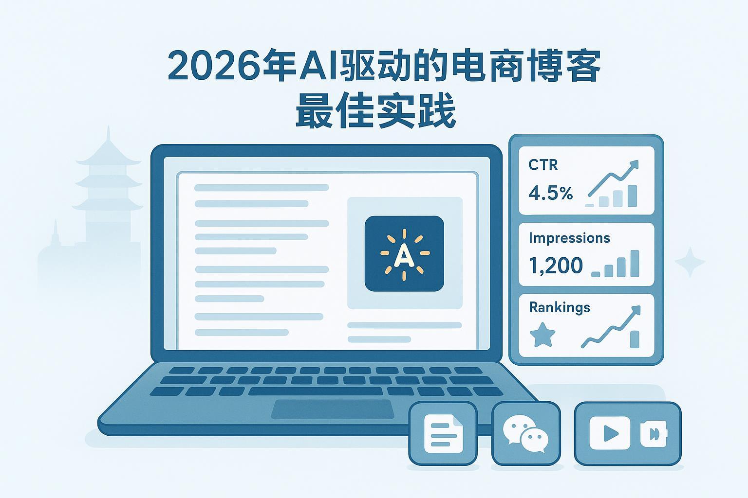 封面图：AI驱动的电商博客写作最佳实践（含区块编辑器、SEO面板与多平台分发图标）