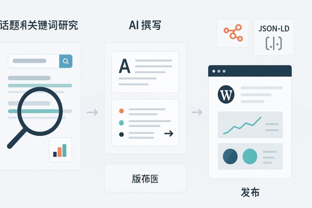 AI自动化博客创作端到端流程示意图：选题研究、AI写作、大纲编辑、WordPress发布与GA4/GSC分析