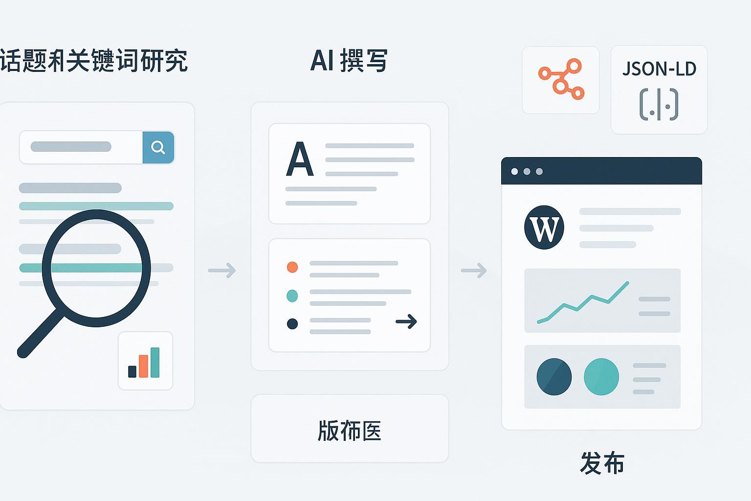 AI自动化博客创作端到端流程示意图：选题研究、AI写作、大纲编辑、WordPress发布与GA4/GSC分析