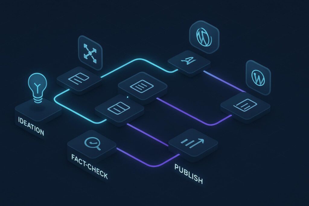 AI驱动的博客写作工作流示意图：从选题到发布的连接网络