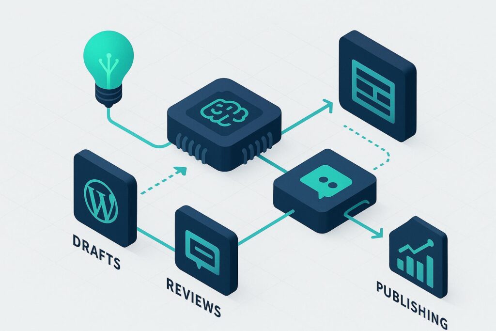 抽象内容管道示意图：创意经由 AI 节点生成草稿、评审与发布，并回流到分析。