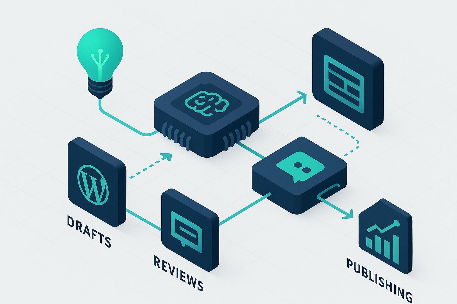 抽象内容管道示意图：创意经由 AI 节点生成草稿、评审与发布，并回流到分析。