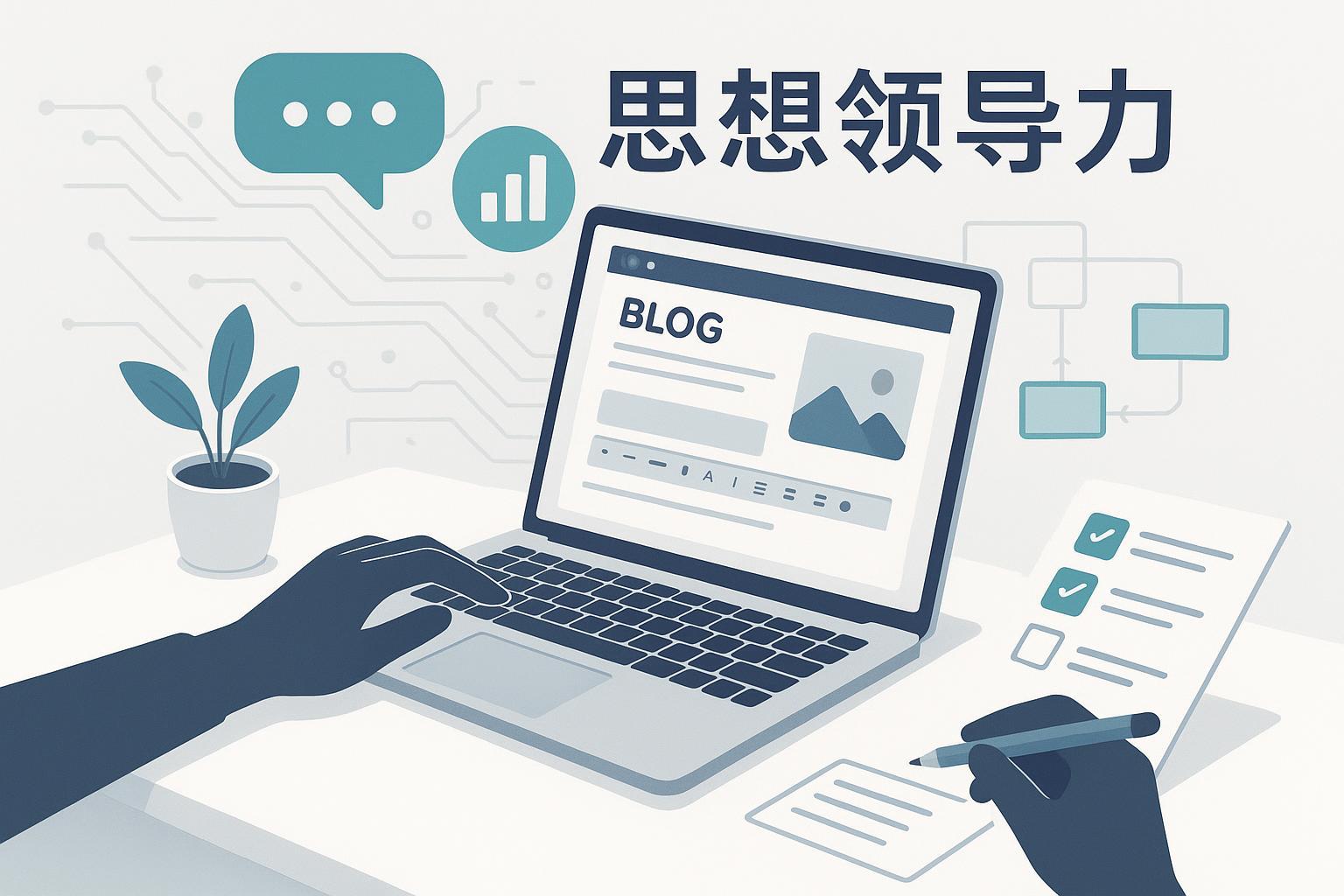 AI助力思想领导力博客的极简封面：笔记本编辑器、流程图与电路纹理